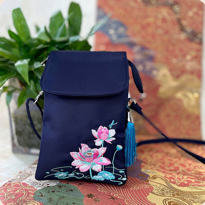 Buddha Stones Waterproof Handmade Embroidered Lotus Flowers Crossbody Bag Shoulder Bag Cellphone Bag - Blue Lotus Dragonfly - image 14