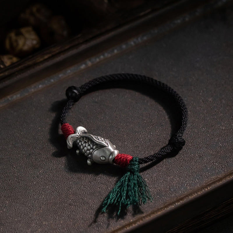 Buddha Stones 925 Sterling Silver Luck Koi Fish Braided Bracelet - image 1