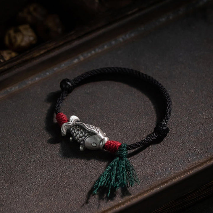 Buddha Stones 925 Sterling Silver Luck Koi Fish Braided Bracelet - image 1