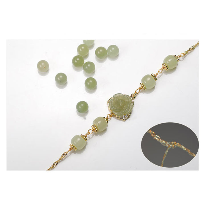 Buddha Stones 14K Gold Plated Hetian Jade Rose Flower Luck Chain Bracelet - image 13