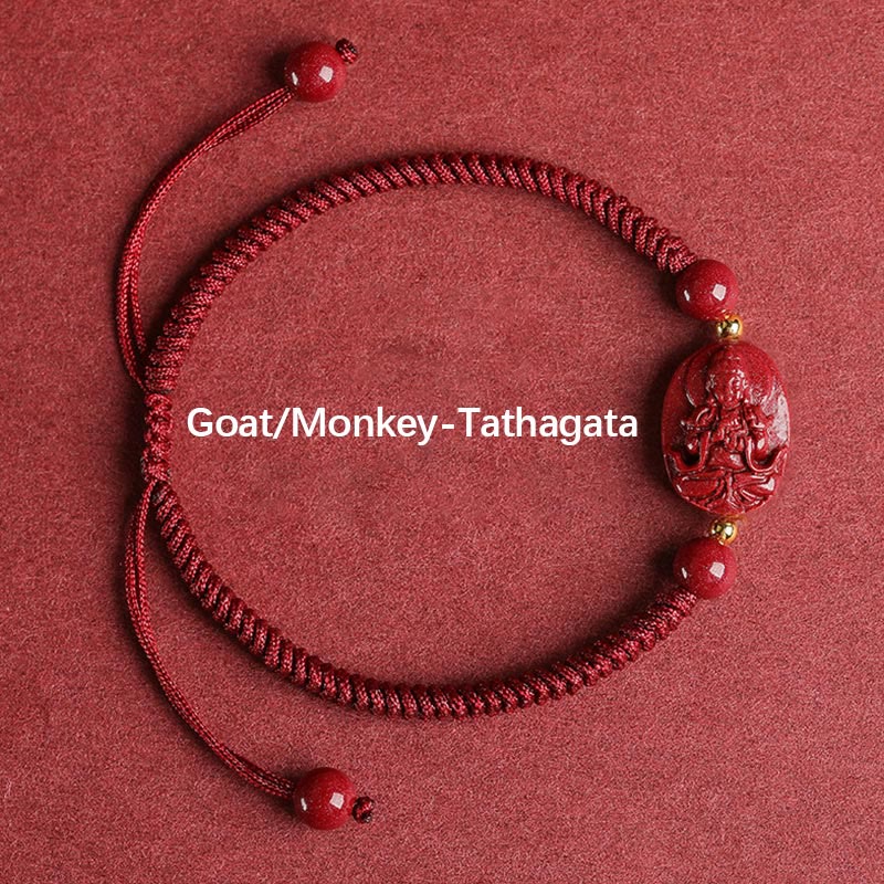 Buddha Stones Chinese Zodiac Natal Buddha Cinnabar Keep Away Evil Spirits Rope Bracelet - Goat/Monkey-Tathagata - image 0