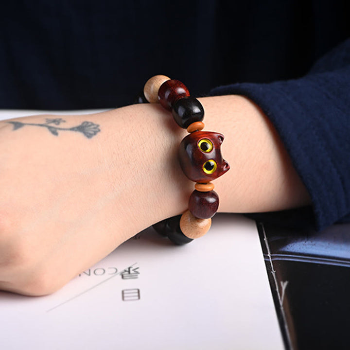 Buddha Stones Small Leaf Red Sandalwood Ebony Wood Cute Cat Engraved Protection Bracelet - image 21