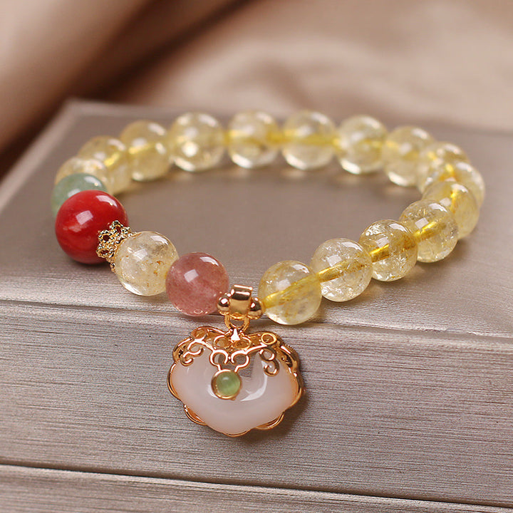 Buddha Stones Natural Citrine White Jade Strawberry Quartz Protection Charm Bracelet - Citrine - image 0