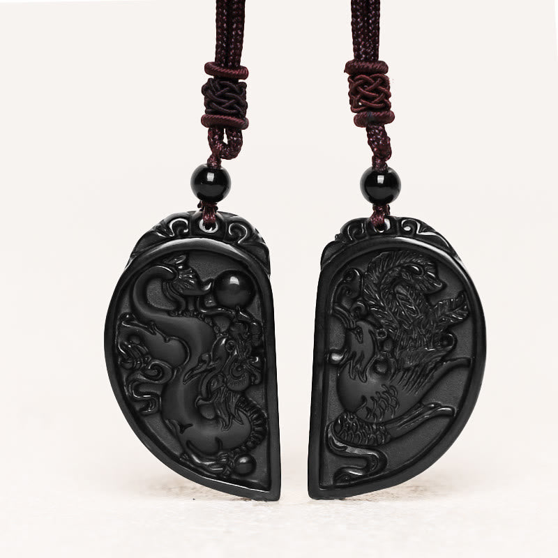 Buddha Stones Black Obsidian Love Dragon Phoenix Protection Necklace Pendant - image 0