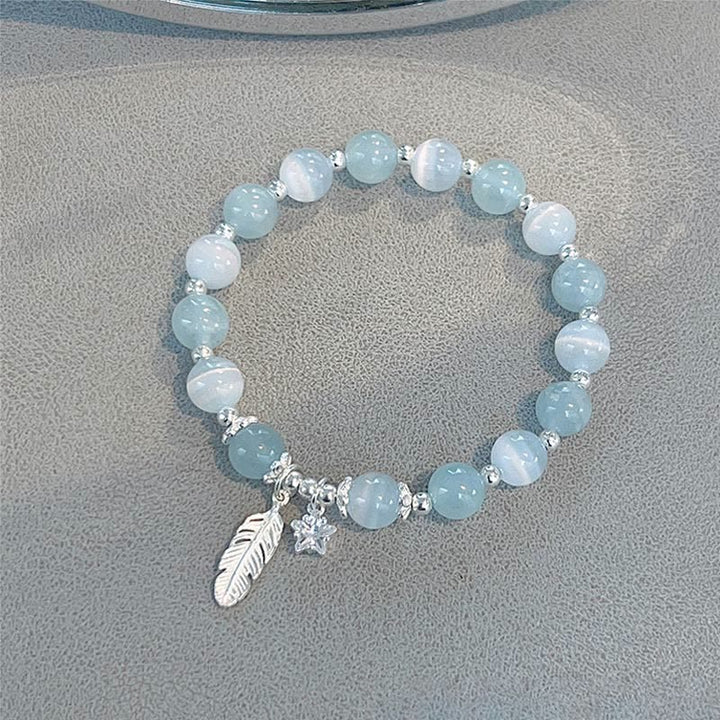 Buddha Stones 925 Sterling Silver Aquamarine Cat's Eye Healing Feather Star Charm Bracelet - 925 Sterling Silver Aquamarine&Cat's Eye(Wrist Circumference 14-16cm) - image 0