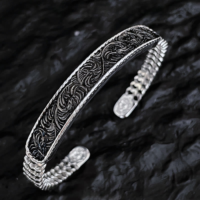 Buddha Stones Tang Dynasty Flower Design Engraved Copper Luck Cuff Bracelet Bangle Adjustable Ring - Silver Tang Dynasty Flower Design - Bracelet Bangle - image 5