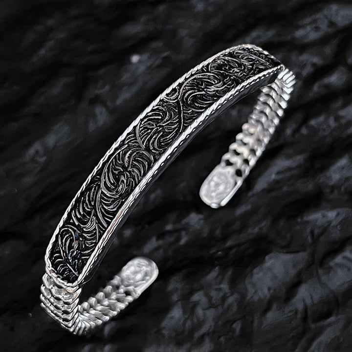 Buddha Stones Tang Dynasty Flower Design Engraved Copper Luck Cuff Bracelet Bangle Adjustable Ring - Silver Tang Dynasty Flower Design - Bracelet Bangle - image 5