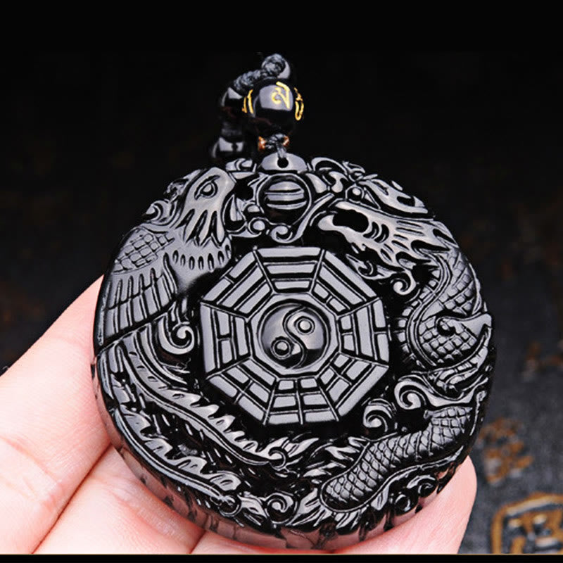 Buddha Stones Bagua Dragon Phoenix Obsidian Fulfilment Pendant Necklace - image 10
