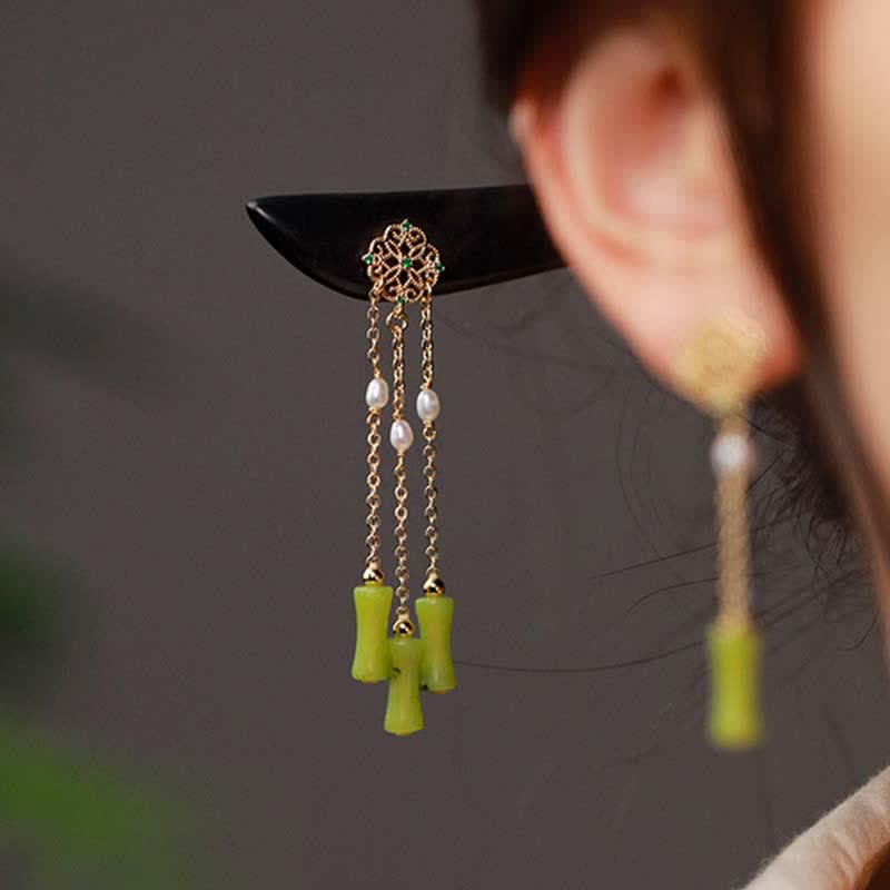 Buddha Stones Natural Peridot Ebony Wood Love Tassels Hairpin - image 3