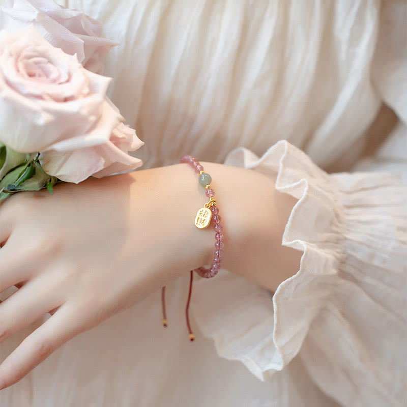 Buddha Stones Natural Strawberry Quartz Garnet Jade Lucky Fortune Fu Character Healing Charm Bracelet - image 6