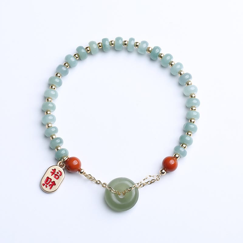 Buddha Stones Natural Hetian Jade Red Agate Peace Buckle Lucky Fortune Bracelet - Hetian Jade(Prosperity♥Abundance)(Wrist Circumference 14-16cm) - image 0