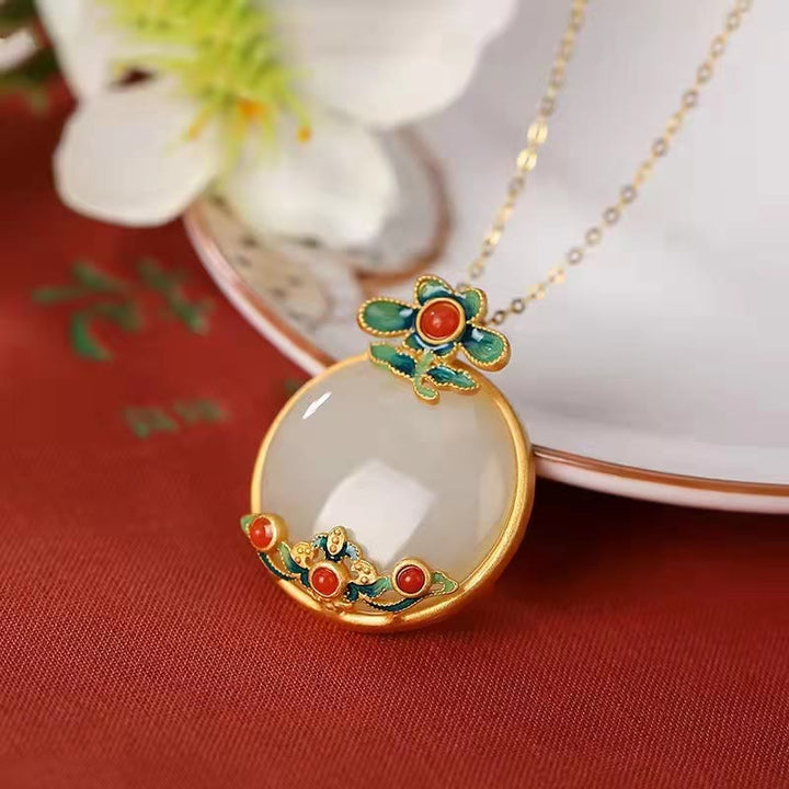 White Jade Red Agate Flower Blessing Luck Necklace Pendant - White Jade(Protection♥Happiness) - image 0