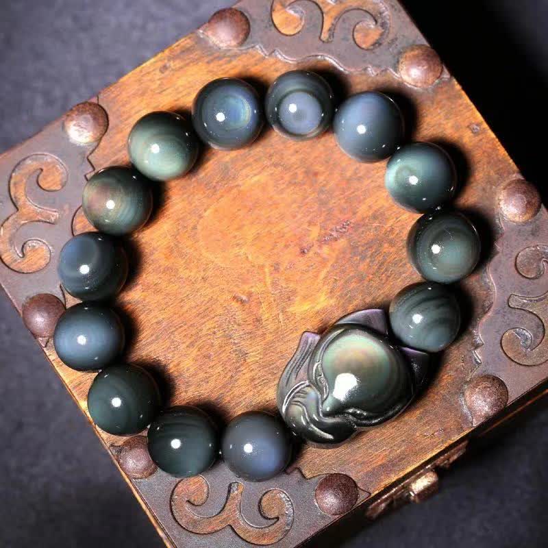 Buddha Stones Rainbow Obsidian Fox Healing Positive Bracelet - image 2