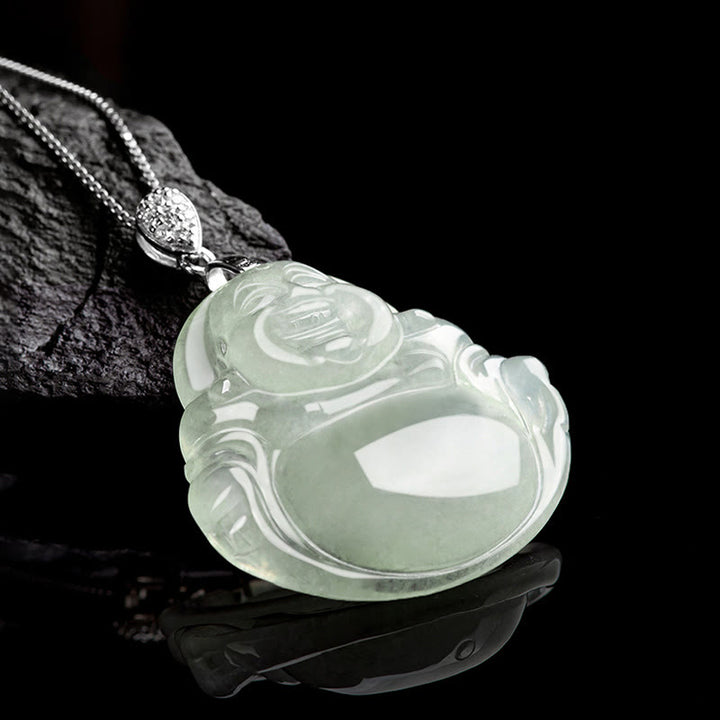 Buddha Stones Natural Jade Laughing Buddha Prosperity Abundance Titanium Steel Chain Necklace Pendant - image 2