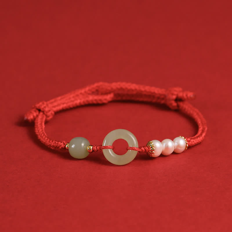 Buddha Stones Natural Hetian Jade Pearl Peace Buckle Luck Bracelet - Red - image 10