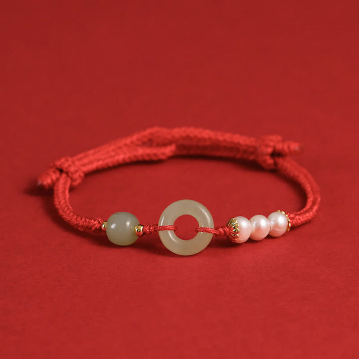 Buddha Stones Natural Hetian Jade Pearl Peace Buckle Luck Bracelet - Red - image 10