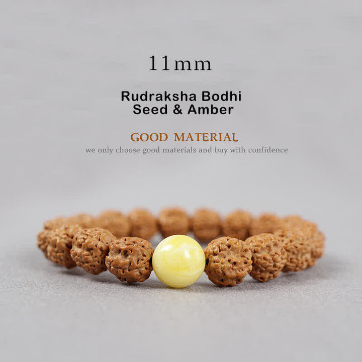 Buddha Stones Tibet Rudraksha Bodhi Seed Dzi Bead Amber Turquoise Wealth Bracelet - 11mm - Rudraksha Bodhi Seed & Amber - image 18