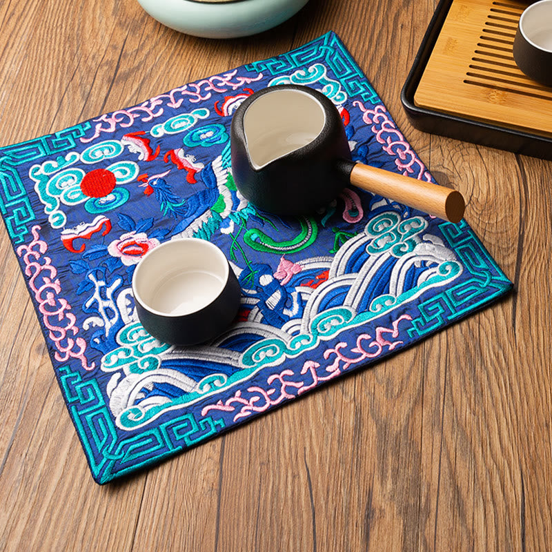 Buddha Stones Phoenix Dragon Kirin Embroidery Cup Mat Pad Tea Cup Coaster Kung Fu Tea Mat - Blue Phoenix - image 0