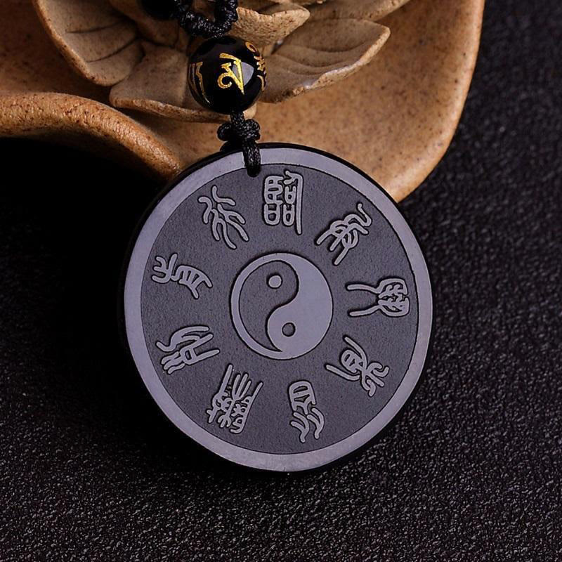 Buddha Stones Natural Black Obsidian Taoism Five Sacred Mountains Nine-Character Mantra Carved Strength Yin Yang Necklace Pendant Key Chain - image 1