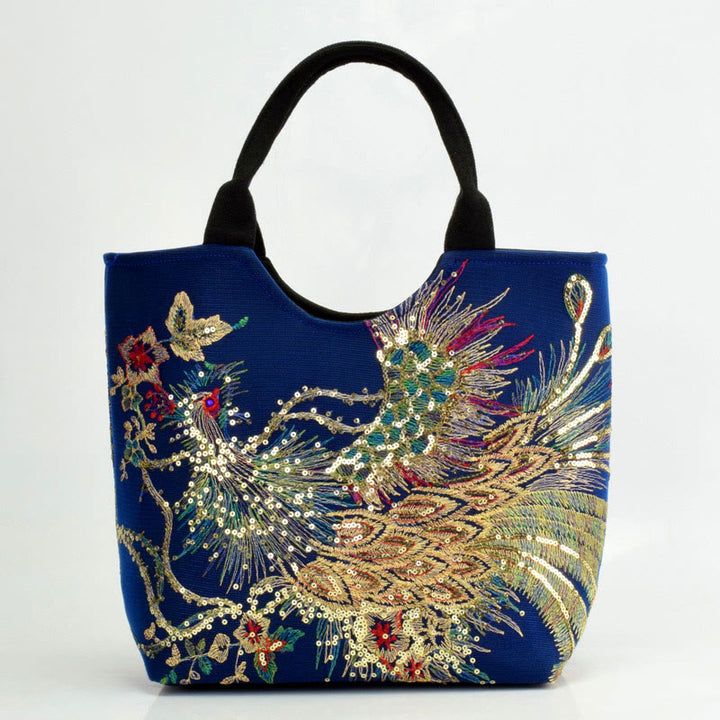 Buddha Stones Peacock Double-sided Embroidery Tote Bag Shoulder Bag Crossbody Bag - Dark Blue Peacock - Simple Tote Bag - image 4