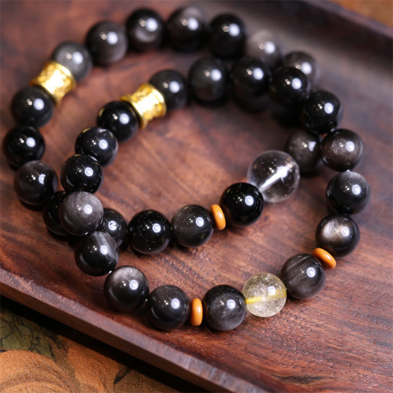 Buddha Stones Natural Silver Sheen Obsidian Crystal Om Mani Padme Hum Bead Protection Bracelet - image 1