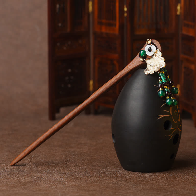 Red Sandalwood Green Agate Ginkgo Leaf Protection Hairpin - image 4