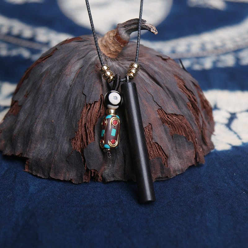 Tibetan Ebony Wood Dzi Bead Peace Calm Necklace Pendant - image 1
