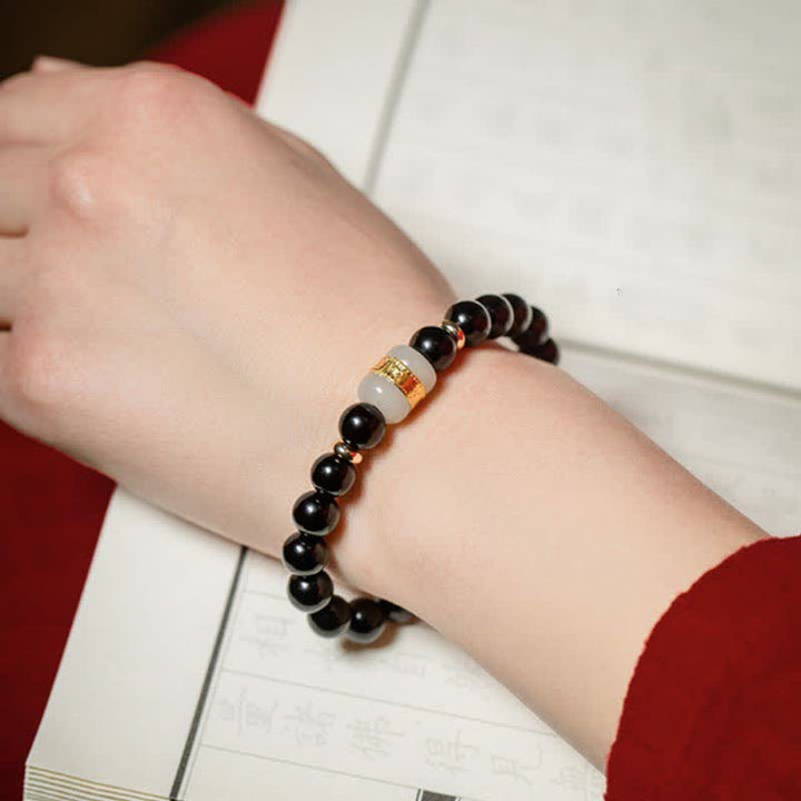 Buddha Stones Black Obsidian Jade Om Mani Padme Hum Strength Couple Magnetic Bracelet - image 3