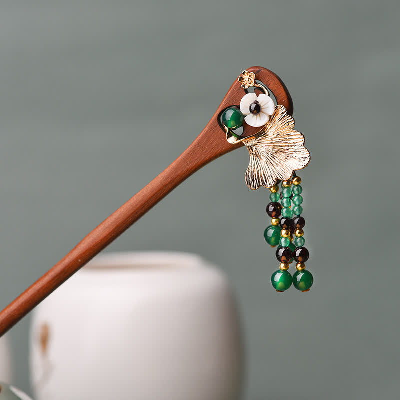 Red Sandalwood Green Agate Ginkgo Leaf Protection Hairpin - Red Sandalwood (Protection ♥ Calm) - image 0