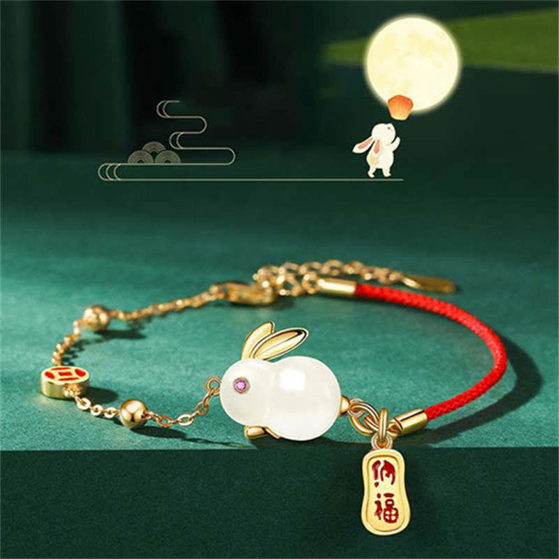Buddha Stones Year of the Rabbit White Jade Happiness Red String Chain Bracelet - image 7
