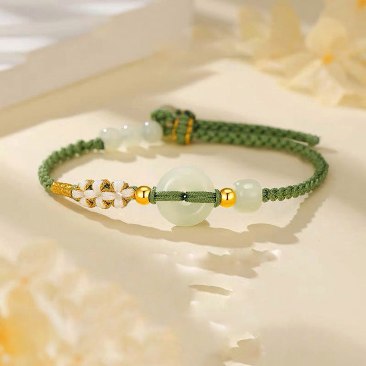 Buddha Stones Hetian Jade Peace Buckle Luck Peach Blossom Braided Bracelet - Hetian Jade(Prosperity♥Abundance)(Wrist Circumference 14-19cm) - image 0