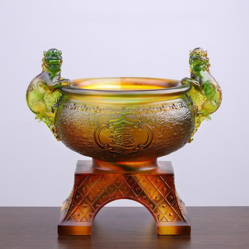 Buddha Stones Handmade Liuli Crystal PiXiu Treasure Bowl Art Piece Home Decoration - Green - image 0
