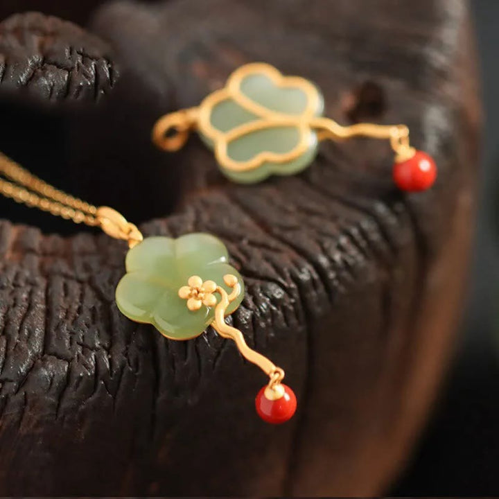 Vintage Plum Blossom Flower Jade Red Agate Prosperity Necklace Pendant - image 3