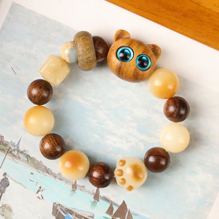 Buddha Stones Natural Bodhi Seed Sandalwood Lucky Cute Cat Head Paw Claw Peace Bracelet - image 6