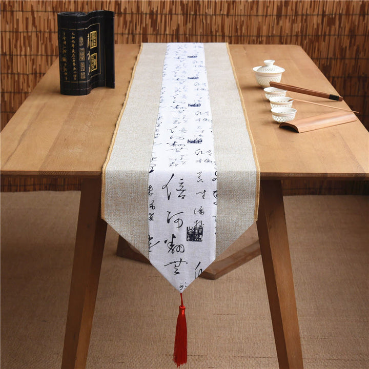 Buddha Stones Classic Chinese Style Lotus Koi Fish Flower Crane Calligraphy Enlightenment Cotton Linen Tassels Table Runner - image 40