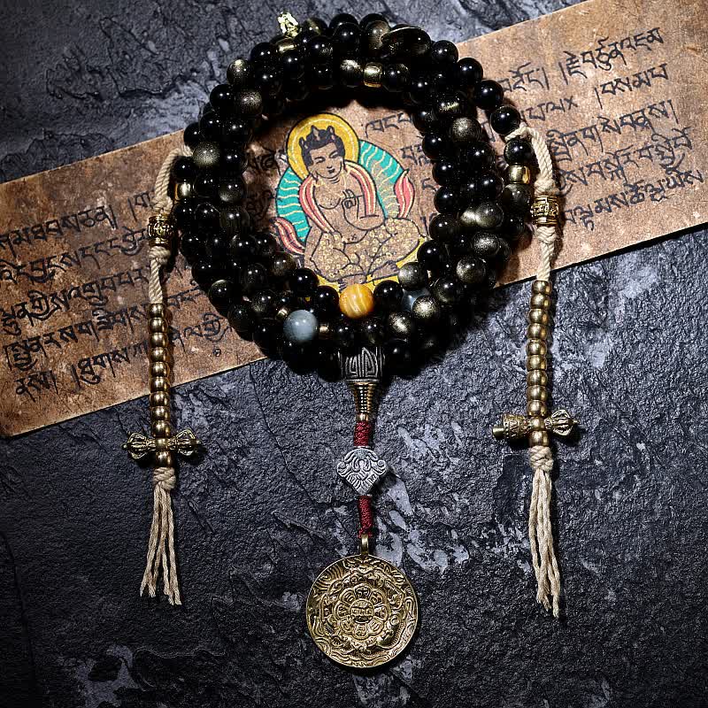Buddha Stones 108 Mala Beads Gold Sheen Obsidian Tiger Eye Eagle's Eye Stone Wealth Bracelet - 6mm - Nine Palaces Bagua(Copper Counter) - image 9