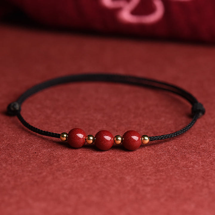 Buddha Stones Natural Lucky Cinnabar Bead Blessing String Bracelet Anklet - Three Cinnabar Bead - Black - Bracelet(Wrist Circumference 14-18cm) - image 24
