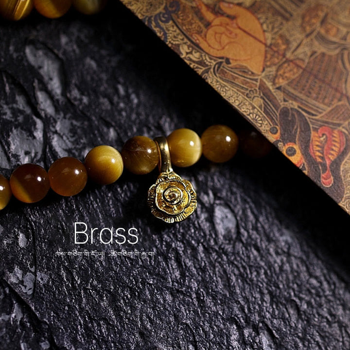 Buddha Stones 108 Mala Beads Natural Tiger Eye Copper Dorje Protection Tassel Bracelet - image 14