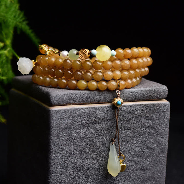 Buddha Stones Natural Hetian Topaz Amber Lotus White Jade Pearl Success Bracelet - image 2