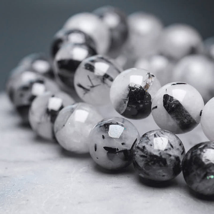 Buddha Stones Black Rutilated Quartz Ebony Wood White Crystal Success Couple Bracelet - image 8