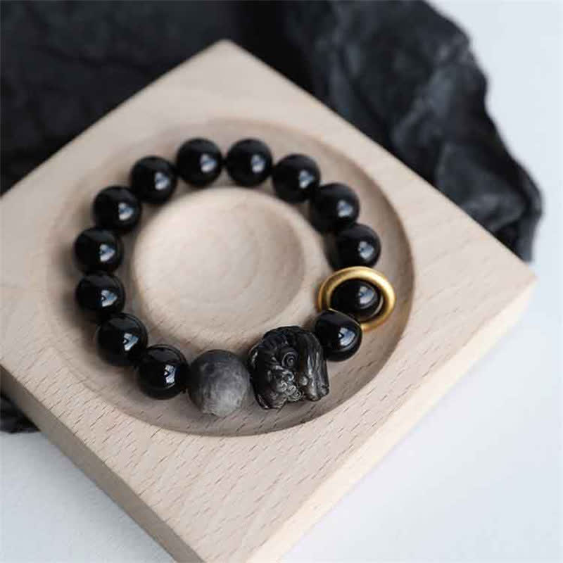 Buddha Stones Black Obsidian Silver Sheen Obsidian Lion Strength Bracelet - image 1