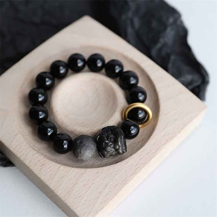 Buddha Stones Black Obsidian Silver Sheen Obsidian Lion Strength Bracelet - image 1