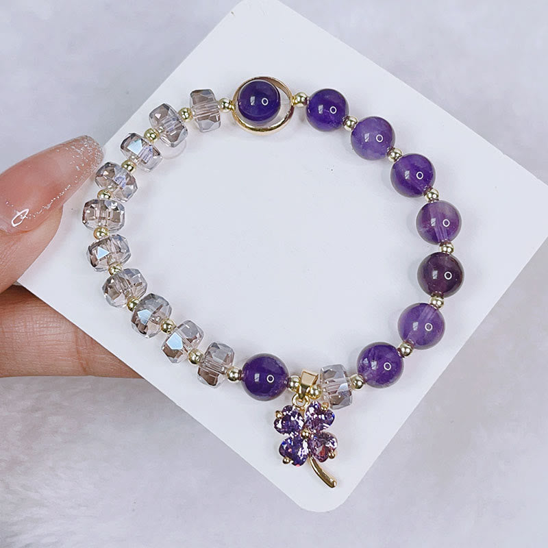 Buddha Stones Amethyst Crystal Four Leaf Clover Healing Charm Bracelet - image 2