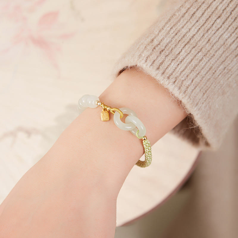 Buddha Stones Natural Hetian Jade Bead Double Peace Buckle Fu Character Abundance Braided Bracelet - image 2
