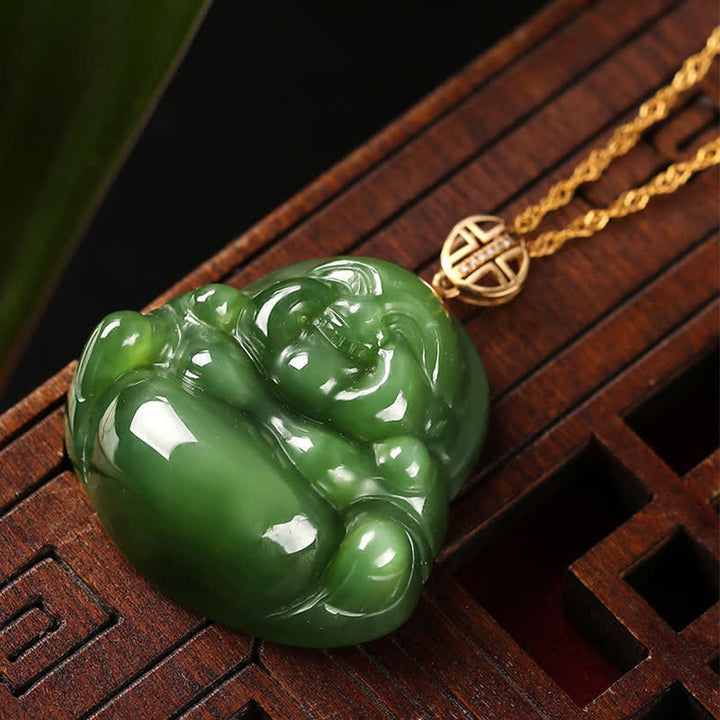 Buddha Stones 925 Sterling Silver Laughing Buddha Hetian Cyan Jade 18K Gold Success Necklace Chain Pendant - image 5