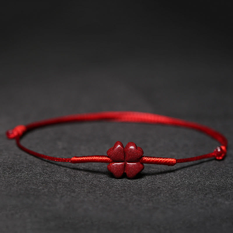 Buddha Stones Handmade Plum Blossom Four Leaf Clover PiXiu Lotus Koi Fish Cinnabar Blessing Braid Bracelet - Red(Wrist Circumference 14-19cm) - Four Leaf Clover - image 6