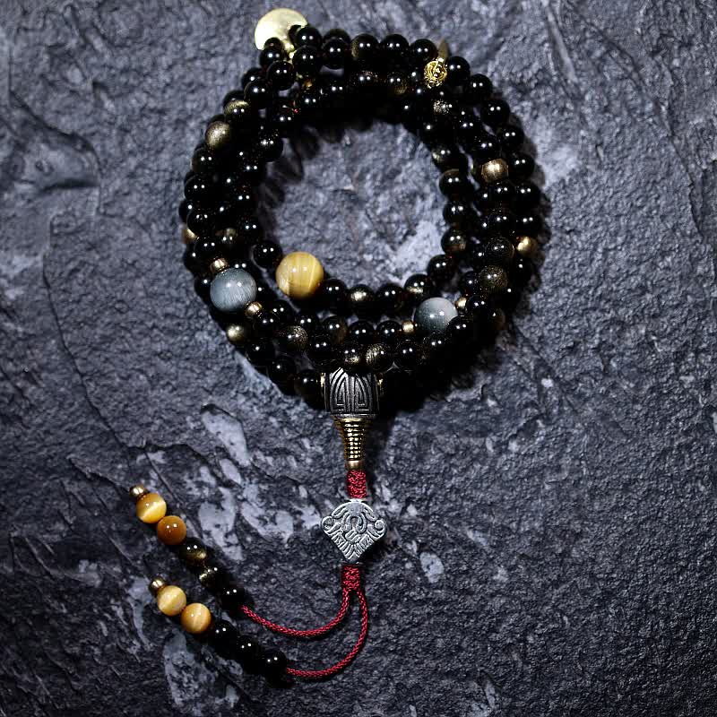 Buddha Stones 108 Mala Beads Gold Sheen Obsidian Tiger Eye Eagle's Eye Stone Wealth Bracelet - 6mm - Gold Sheen Obsidian&Tiger Eye - image 0