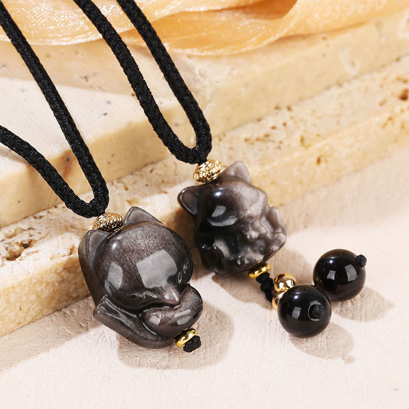 Buddha Stones Natural Silver Sheen Obsidian Nine Tailed Fox Protection Necklace Pendant - image 1
