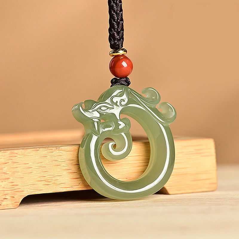 Buddha Stones White Jade Cyan Jade Dragon Protection Necklace String Pendant - Cyan Jade - image 1