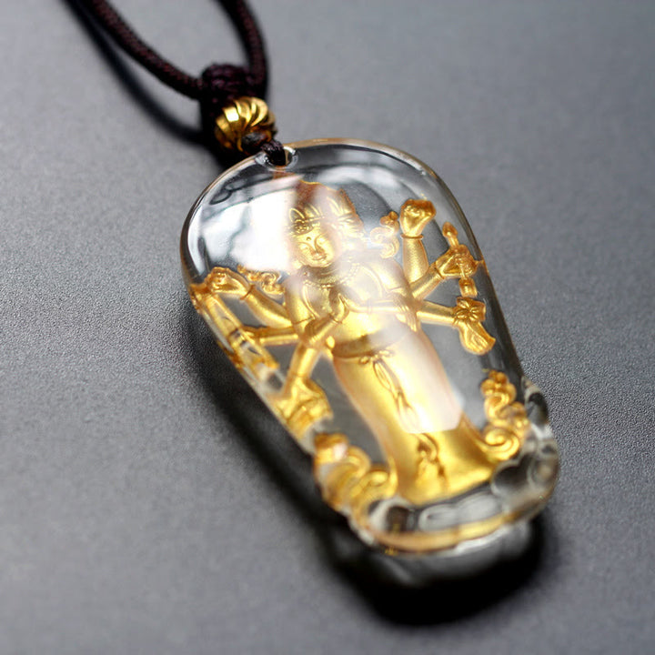 Buddha Stones Tibetan Eight-armed Avalokitesvara Guanyin Buddha Gold Plated Liuli Crystal Wealth Necklace Pendant - image 2